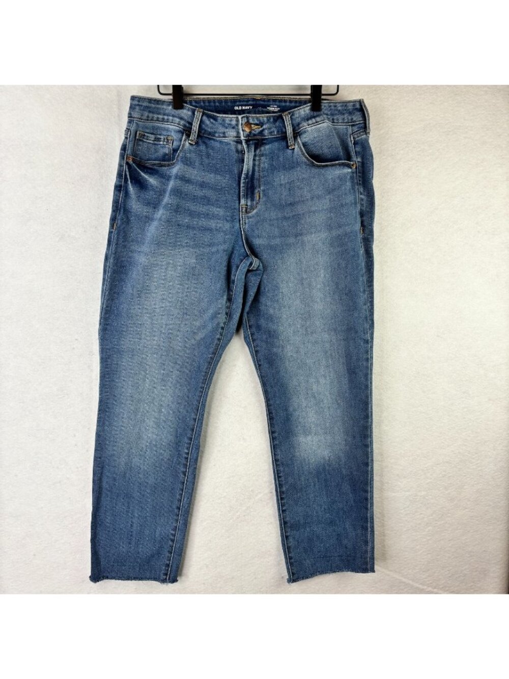 Old Navy Womens Sz 14 Mid Rise Power Slim Straight Blue Jeans Raw Ankle